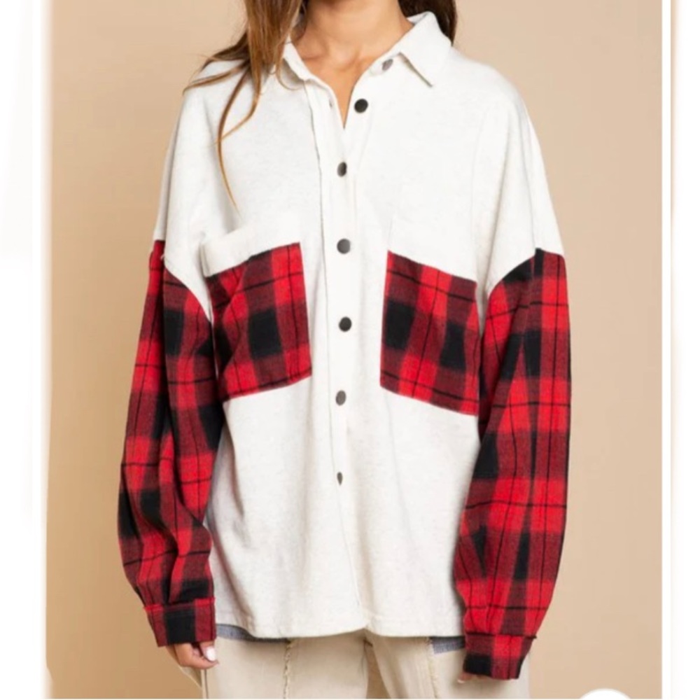 POL Plaid & Terry Cloth Shacket Women’s Small Oversized Flannel Buffalo Plaid